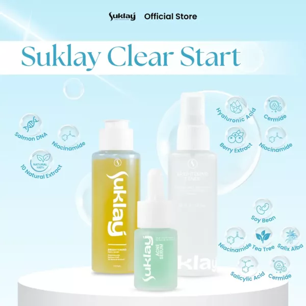 Suklay Paket 3 Set Acne Clear – Acne Serum, Face Wash, Toner | Salmon DNA, Niacinamide, Ceramide | Melembapkan & Mencegah Jerawat