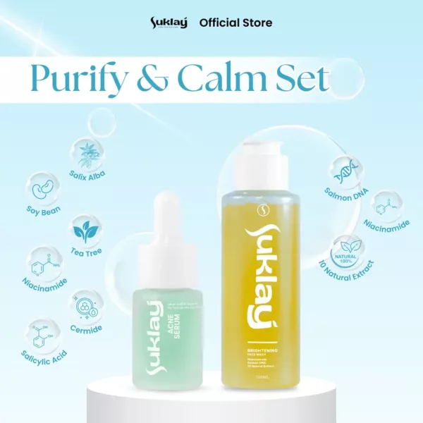 Suklay Paket 2 in 1 Purify & Calm Set – Salmon DNA, Niacinamide, Tea Tree | Redakan Jerawat & Flek | 100ml + 15ml