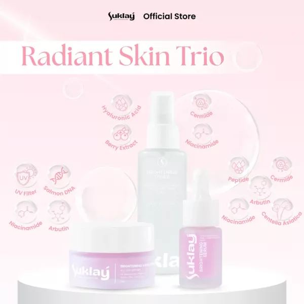 Suklay Glow Trio Set 3 in 1 – Toner, Serum, & Cream dengan Niacinamide, Peptide, Arbutin – Skincare untuk Mencerahkan, Menghilangkan Flek