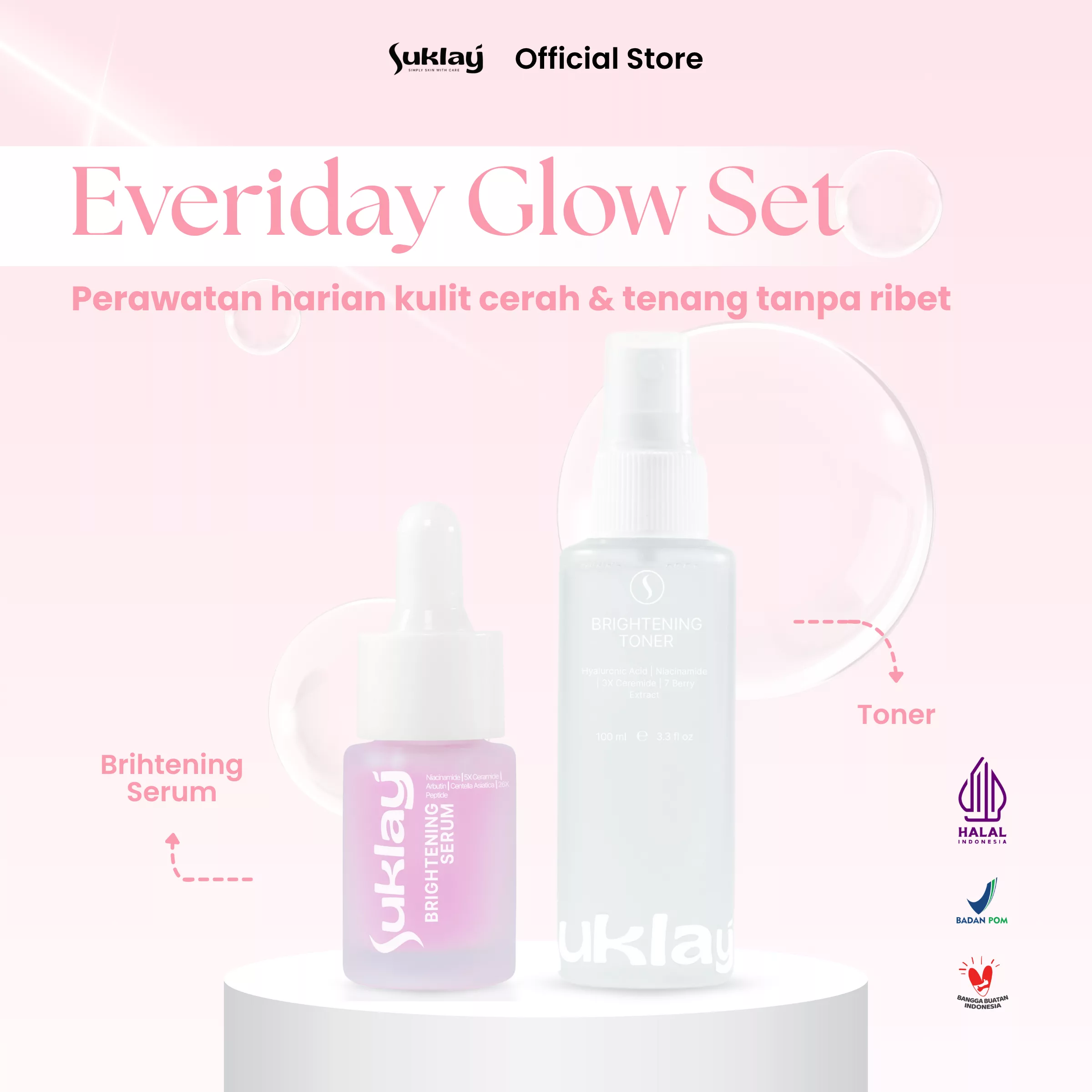 Suklay Paket 2 in 1 Everyday Glow – Niacinamide, Ceramide, Centella | Mencerahkan, Meratakan Warna Kulit, 100ml + 20ml